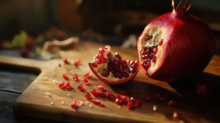 A vibrant half pomegranate rests on a rustic wooden board, showcasing its juicy seeds and vivid red color. Natural light enhances the beauty of this fresh fruit, perfect for culinary inspiration.の素材