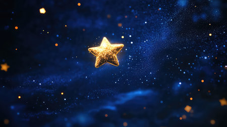 A mesmerizing golden star floats gracefully in a deep blue starry night sky, surrounded by shimmering particles that create a magical atmosphere.の素材