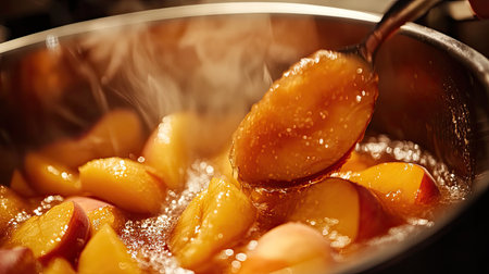 A delightful scene showcasing freshly cooked apples simmering in a pot, surrounded by steam and golden syrup, perfect for culinary inspiration.の素材