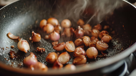A close-up shot showing shallots sizzling in a pan, steam rising, creating a flavorful aroma in a modern kitchen. Perfect for culinary themes.の素材