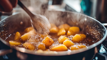 This vibrant image captures the process of cooking caramelized apples in a pan, with steam rising to create a warm and inviting atmosphere in the kitchen.の素材