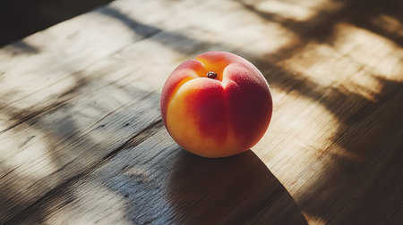 A single fresh peach sits on a rustic wooden table, illuminated by soft natural light. The gentle shadows enhance its vivid colors and inviting texture. Perfect for illustrations of healthy eating or summer themes.の素材