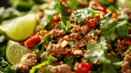 This vibrant salad showcases a blend of fresh herbs, flavorful meat, and zesty lime, topped with crunchy peanuts, creating a delicious meal.の素材