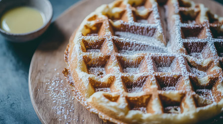 Enjoy a close-up view of a perfectly baked golden waffle topped with powdered sugar and served with a small bowl of maple syrup, ideal for breakfast.の素材