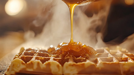 A close-up view of warm, freshly made waffles topped with golden syrup, gently drizzling as steam rises, evoking a cozy kitchen vibe perfect for breakfast.の素材