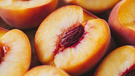 A beautifully captured image of freshly cut peaches, highlighting their vibrant colors and unique texture. Perfect for culinary-themed projects or healthy lifestyle content.の素材