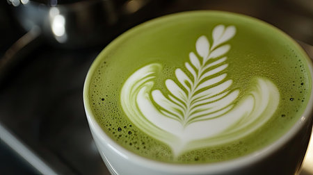 Indulge in a vibrant matcha latte artfully crafted with intricate foam designs, served in a smooth white ceramic cup, perfect for any cafe setting.の素材