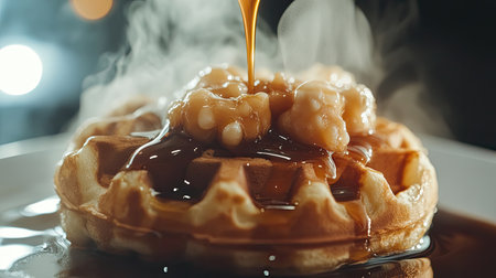 This mouthwatering image showcases a freshly made golden waffle topped with warm maple syrup and nuts, surrounded by a soft steam, perfect for breakfast or dessert.の素材
