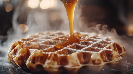 A mouthwatering close-up of a freshly made waffle with warm syrup drizzled over it, creating a deliciously inviting scene in a cozy setting.の素材