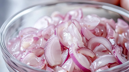 A vibrant display of freshly chopped red onions in a glass bowl, perfect for adding flavor to dishes and enhancing culinary presentations in kitchens.の素材