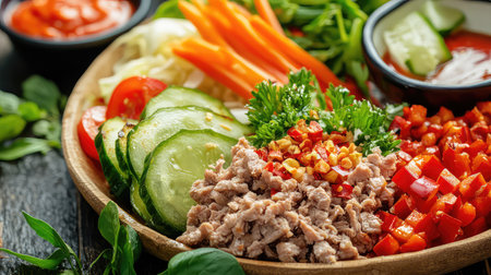 A vibrant arrangement of fresh vegetables and minced meat on a wooden plate, perfect for healthy salad preparation or meal prep ideas.の素材