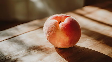 A close-up view of a single peach resting on a wooden table, illuminated by soft natural light, creating gentle shadows that enhance its vibrant colors.の素材