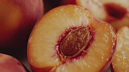 A close-up image of a freshly cut peach half revealing the stone inside, showcasing its juicy flesh and vibrant colors, perfect for food-related content.の素材