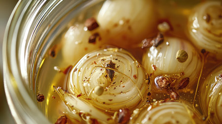 A close-up of preserved onions beautifully arranged in a jar, surrounded by spices and oil, showcasing a delicious condiment ideal for enhancing dishes.の素材