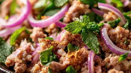 This image showcases a beautifully presented ground meat dish featuring fresh mint, purple onions, and a blend of spices. The vibrant colors and textures create an appetizing visual that highlights the culinary experience. Perfect for food enthusiasts and culinary professionals.の素材