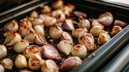 A tray filled with perfectly roasted shallots features a golden brown color, showcasing their crispy texture and rich aroma, ideal for culinary presentations.の素材