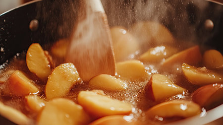 A close-up scene of fresh apples cooking in a pan, surrounded by steam and syrup, showcases the essence of homemade dessert preparation in a cozy kitchen.の素材