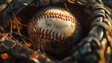 This close-up image captures a weathered baseball resting in a glove, surrounded by textured dirt and natural elements, emphasizing the spirit of the game.の素材