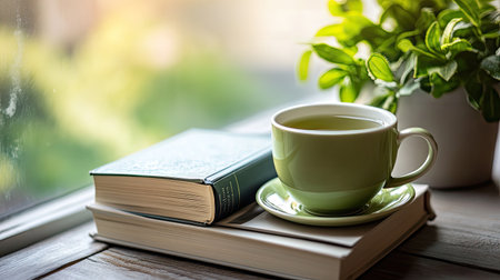 A serene and inviting scene featuring a green tea cup situated atop an open book next to a vibrant potted plant, all bathed in soft sunlight. Perfect for illustrating themes of relaxation, comfort, and cozy indoor lifestyles.の素材