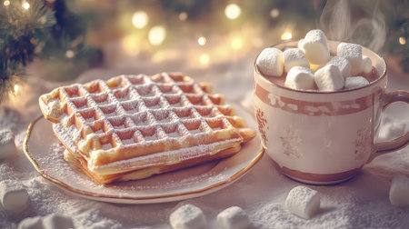 A beautifully arranged serving of golden waffles dusted with powdered sugar, accompanied by a steaming cup of rich hot chocolate topped with fluffy marshmallows, all set against a warm, festive backdrop.の素材