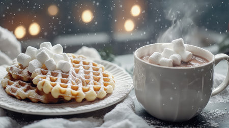 Experience the warmth of winter with a delightful scene featuring fluffy waffles and a steaming cup of hot chocolate topped with marshmallows. Snowflakes gently fall, creating a cozy atmosphere perfect for enjoying sweet treats during the chilly season.の素材