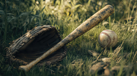 This image features vintage baseball equipment including a worn bat, glove, and ball, placed on lush grass, evoking nostalgia for summer days spent playing outdoors.の素材