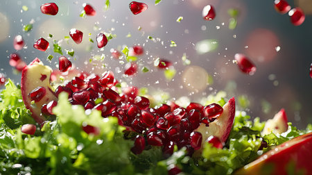 A vibrant and dynamic image showcasing fresh salad ingredients, featuring falling pomegranate seeds into crisp greens and apple slices. Perfect for promoting healthy eating.の素材