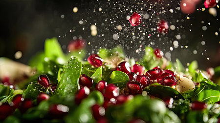 A close-up view of a fresh salad featuring vibrant spinach and pomegranate seeds, enhanced by a sprinkle of seasoning against a dark background.の素材