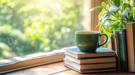 This serene and cozy image captures a green mug resting on a stack of books by a window, illuminated by soft natural light and surrounded by vibrant plants.の素材