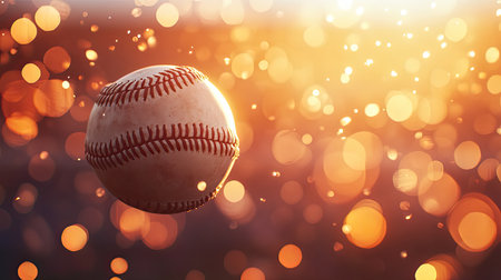A baseball captured in mid-air against a beautiful bokeh backdrop of a warm sunset, emphasizing movement and the excitement of the game.の素材