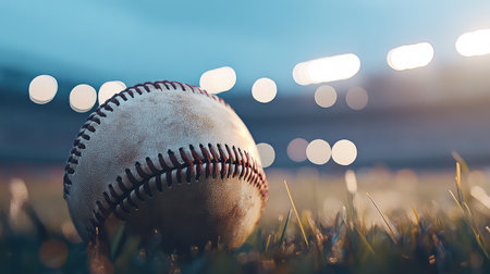 A close-up view of a baseball resting on grass with blurred stadium lights in the background creates an atmosphere of sporting excitement and nostalgia.の素材