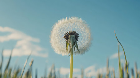 This serene image captures a close-up view of a dandelion seed head, showcasing its delicate seeds against a bright blue sky and soft clouds.の素材