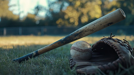 A vintage wooden baseball bat rests beside a classic baseball and leather glove on a grassy field, illuminated by warm natural light, creating a nostalgic sports scene.の素材