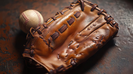 A close-up view of a vintage baseball glove resting on a rustic surface with a classic baseball. Perfect for sports enthusiasts, collectors, and nostalgic themes.の素材
