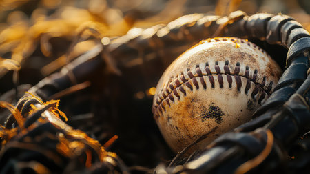 A close-up image of a vintage baseball resting inside a weathered leather glove, surrounded by strands of grass, captured in warm sunset light.の素材