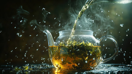 A stunning capture of hot herbal tea pouring elegantly into a glass teapot, showcasing dynamic splashes and steam in a cozy, inviting atmosphere.の素材