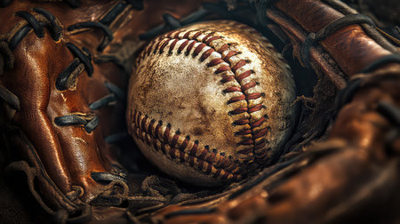 A detailed image of a weathered baseball inside a vintage leather glove highlights the rich history and love for the game. Perfect for sports enthusiasts.の素材