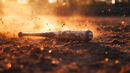 A rustic baseball bat lies on a sunlit dusty field, capturing the essence of the game with glowing dust particles and warm evening light. This evocative scene symbolizes the love for sports and nostalgia associated with summer evenings.の素材