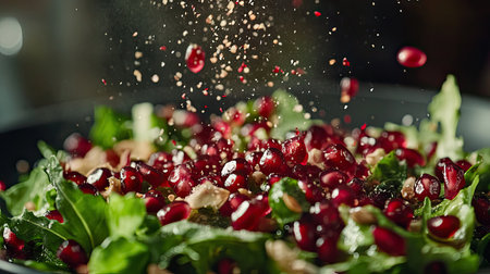A stunning close-up shot of a vibrant salad featuring lush greens and bright pomegranate seeds being sprinkled with dressing, capturing freshness and flavor.の素材