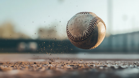 A striking close-up view of a baseball in motion, captured on a dusty sports field, illustrating the excitement of outdoor games during sunny days.の素材