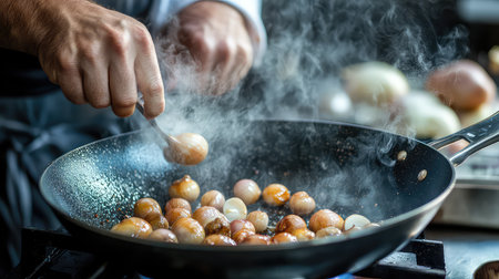 A chef skillfully cooks shallots in a sizzling pan, creating aromatic steam and showcasing culinary techniques, ideal for food enthusiasts and creative presentations.の素材