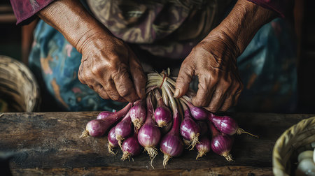 This image captures the intricate hands of a person carefully preparing fresh shallots in a rustic kitchen, highlighting the beauty of culinary traditions and fresh produce.の素材