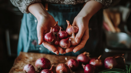 Hands hold a mix of freshly harvested red and brown shallots above a rustic table, showcasing vibrant vegetables for culinary creativity and healthy cooking.の素材