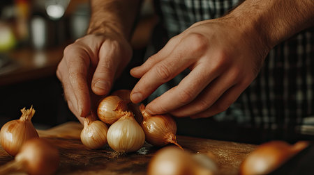 A detailed view of hands carefully sorting and arranging fresh onions on a wooden cutting board, showcasing the art of food preparation in a warm kitchen.の素材