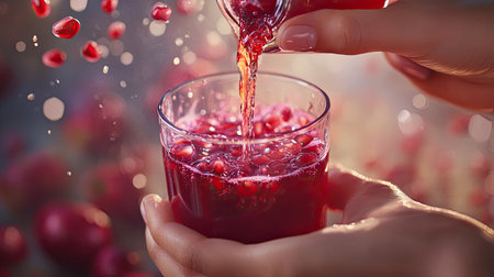 This vibrant image captures the dynamic moment of pomegranate juice being poured into a clear glass, showcasing bright colors and fresh seeds.の素材
