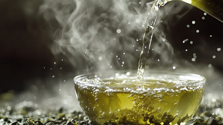 A soothing scene of hot herbal tea being poured into a glass cup, with steam rising. This image captures the essence of wellness and relaxation, perfect for cozy moments.の素材