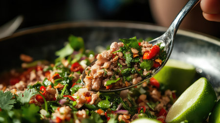 A vibrant herbal salad featuring fresh ingredients, spicy flavors, and lime garnishes served in a stylish bowl, perfect for healthy dining experiences.の素材