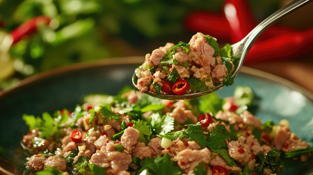 This enticing Thai salad features a mix of fresh herbs, ground meat, and chilies, showcasing vibrant colors and aromas for a delightful meal.の素材