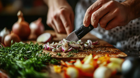 A skilled chef's hands gracefully chop fresh vegetables and herbs on a wooden cutting board in a vibrant kitchen, showcasing culinary creativity and artistry.の素材