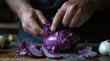 Close-up image of hands skillfully preparing a red onion by slicing it at a rustic wooden table. Perfect for culinary art and cooking themes.の素材